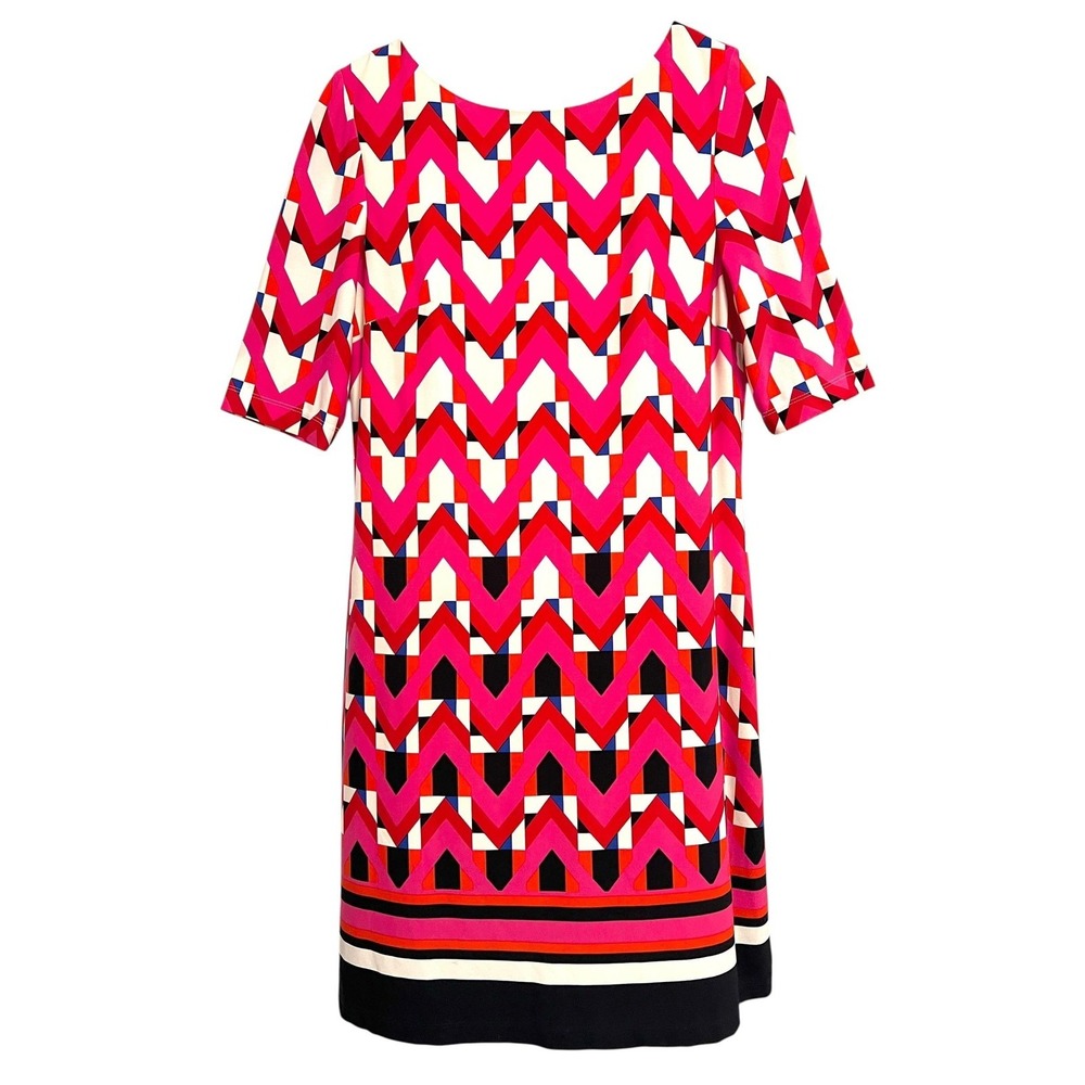 Eliza‎ J Dress Womens 10 Multicolor Chevron Scoop Neck Half Sleeve Shift Knee